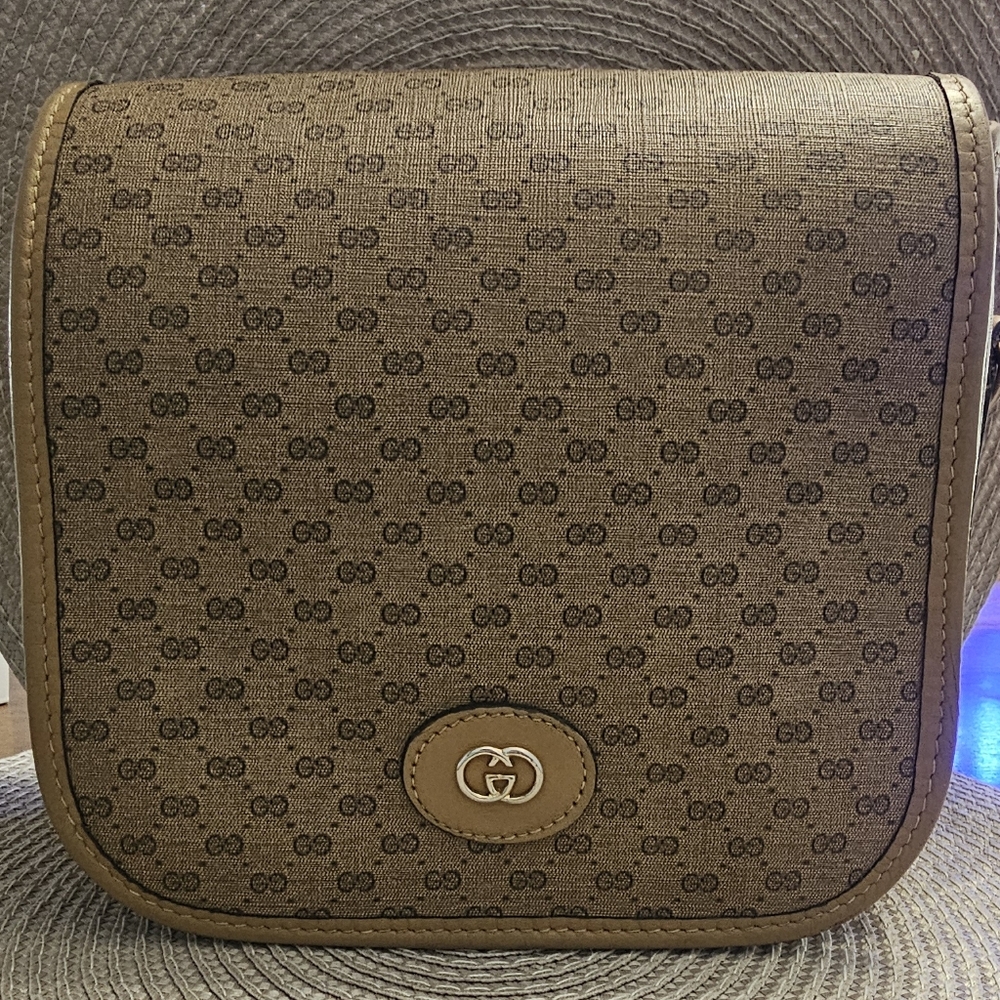 Gucci Brown Monogram Shoulder/Crossbody Bag with Gold Emblem